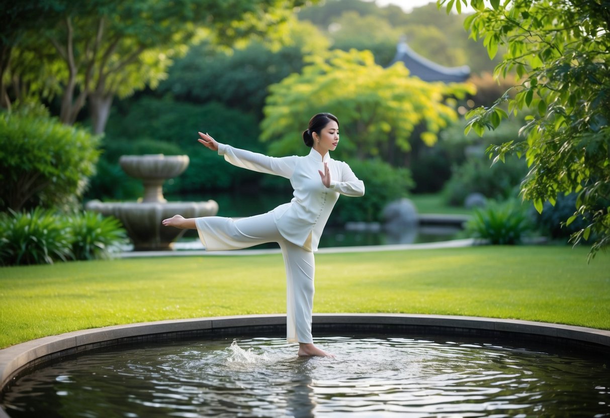 A serene garden with a graceful figure moving fluidly through a series of Tai Chi poses, surrounded by lush greenery and the gentle sound of flowing water