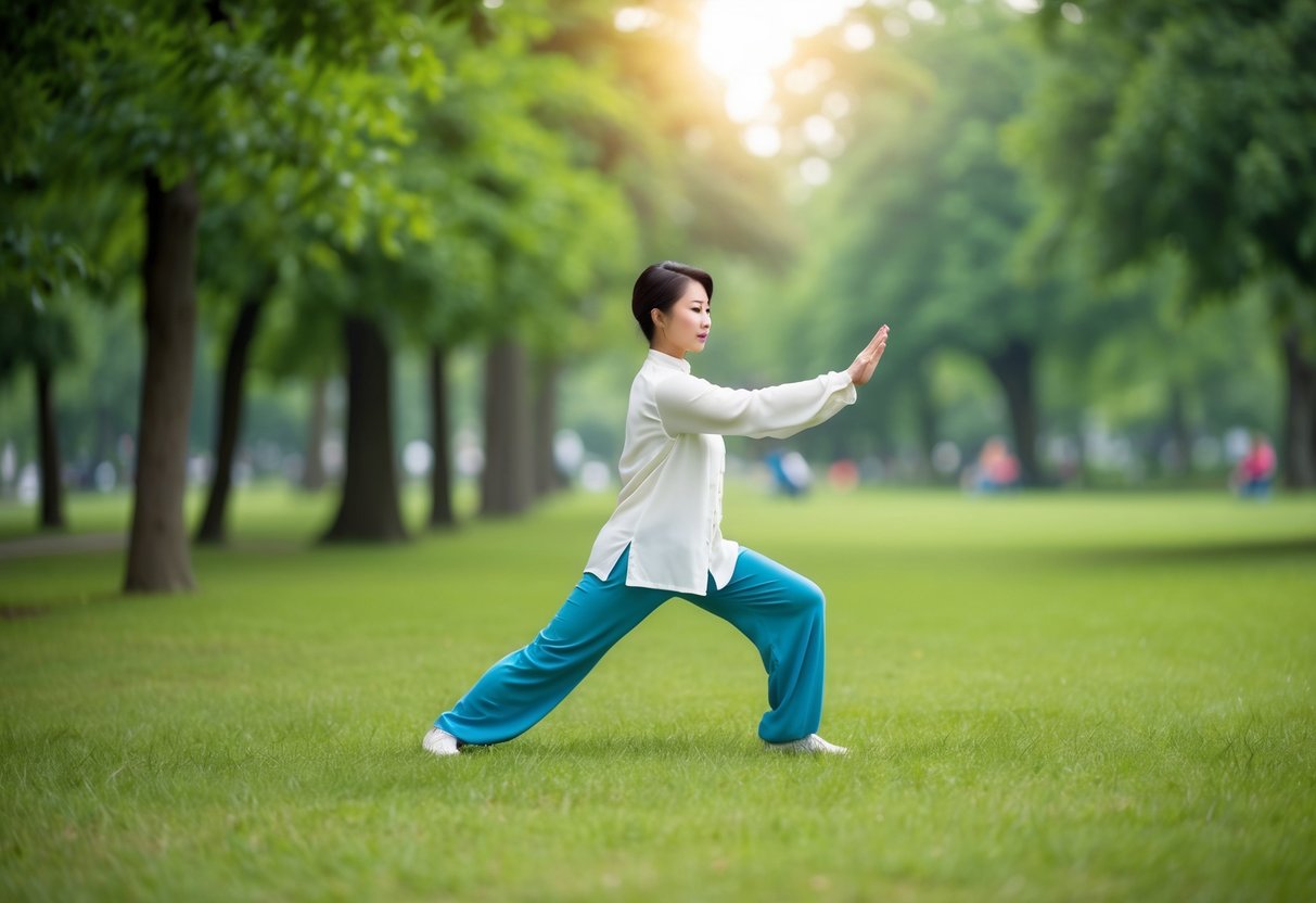 A serene park setting with a figure practicing Tai Chi, surrounded by lush greenery and a peaceful atmosphere