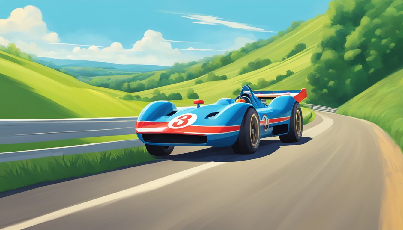 A vibrant racing car speeds through the scenic Ohio countryside, passing by rolling hills and lush greenery under a bright blue sky