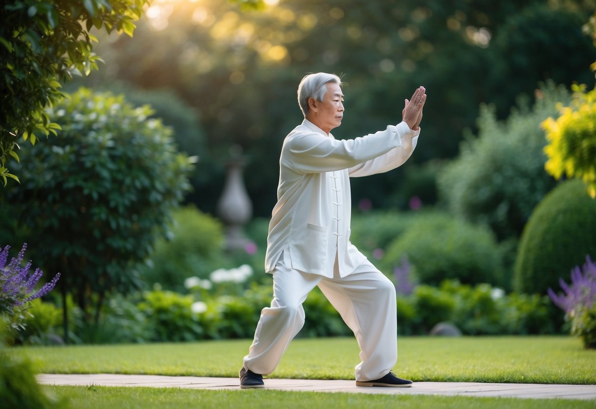 An older person performing Tai Chi in a serene garden, surrounded by lush greenery and a peaceful atmosphere