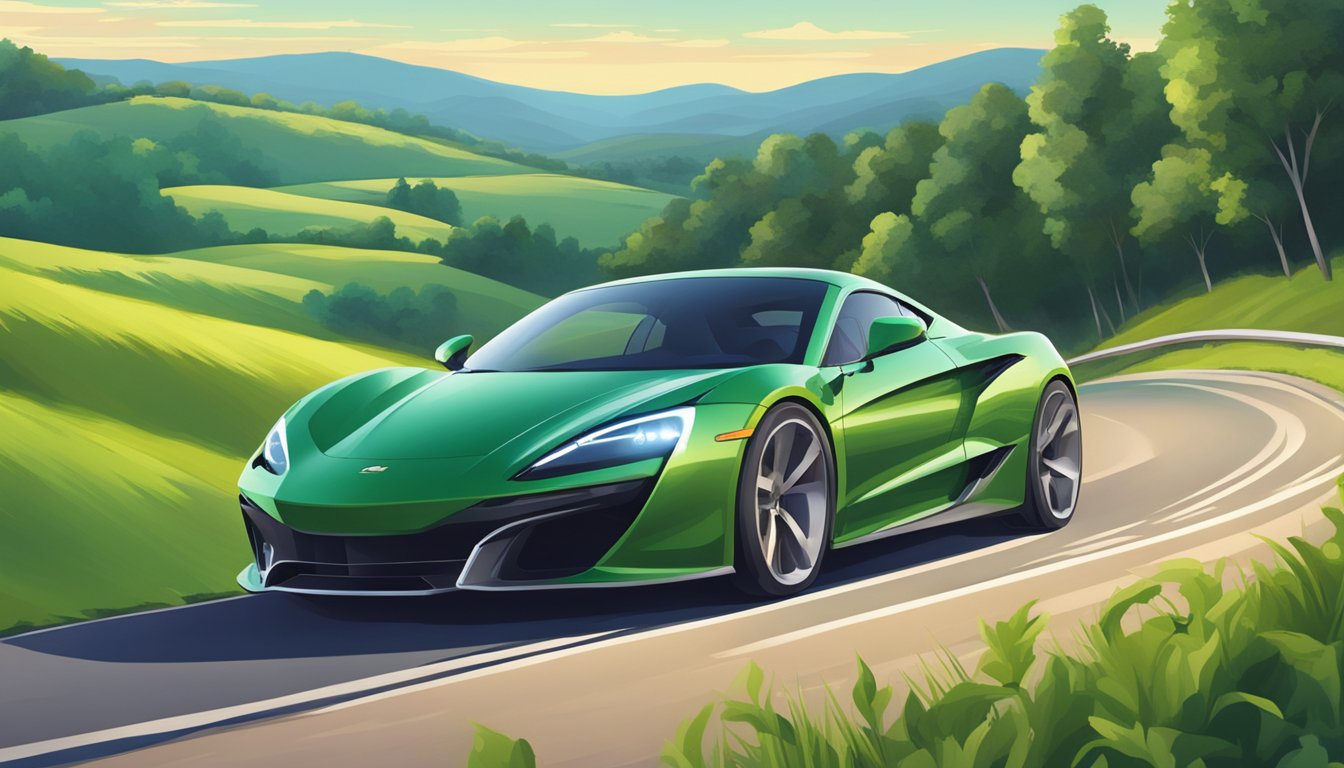 A sleek sports car speeds through the winding roads of rural Ohio, surrounded by lush greenery and rolling hills