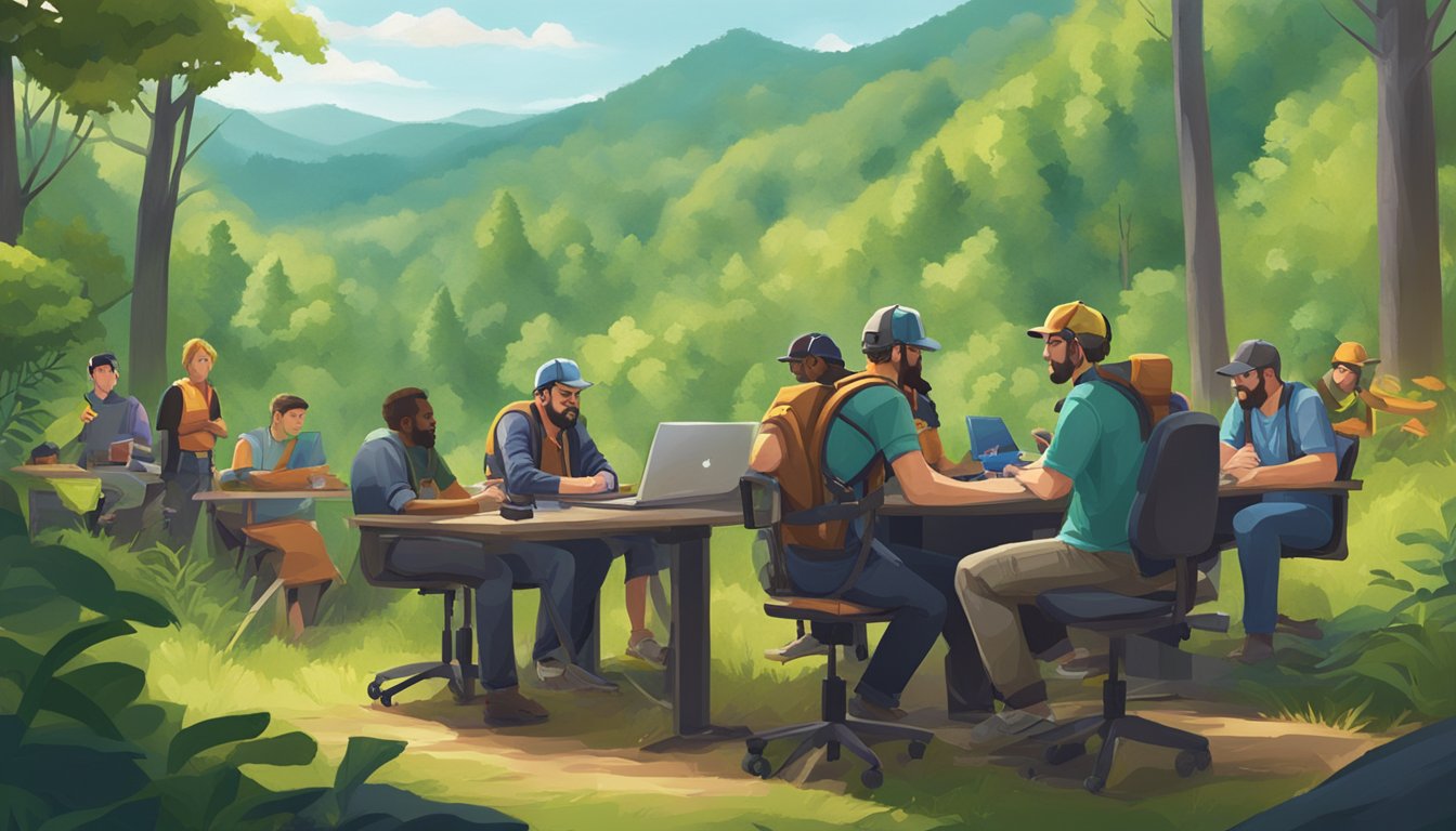 A group of game developers gather in Tennessee, working on their latest project amidst a backdrop of rolling hills and lush forests