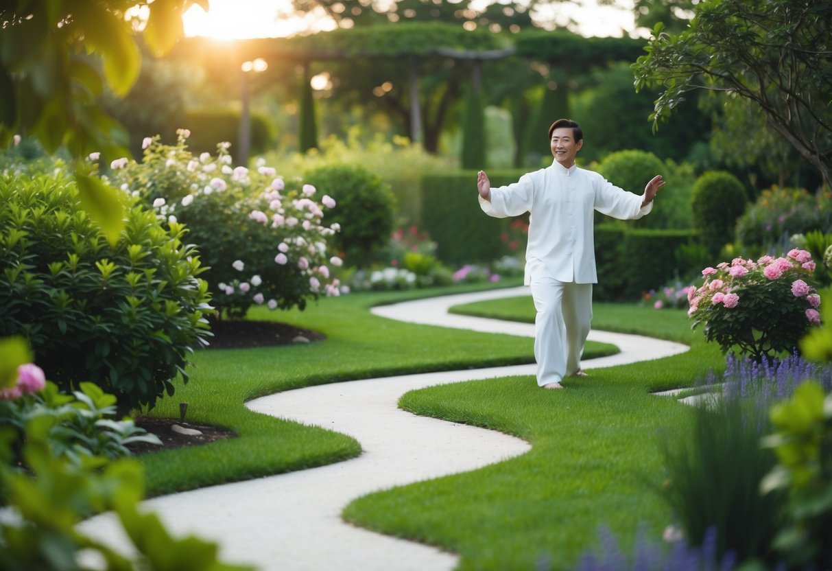 A serene garden with a winding path, where a figure practices Tai Chi surrounded by lush greenery and blooming flowers