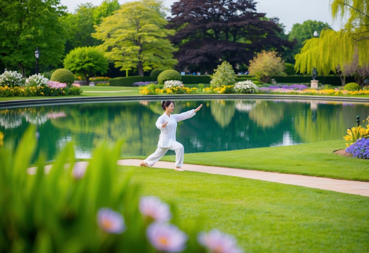 A serene park with a peaceful pond, surrounded by lush greenery and blooming flowers. A figure gracefully moves through Tai Chi forms, embodying balance and flexibility