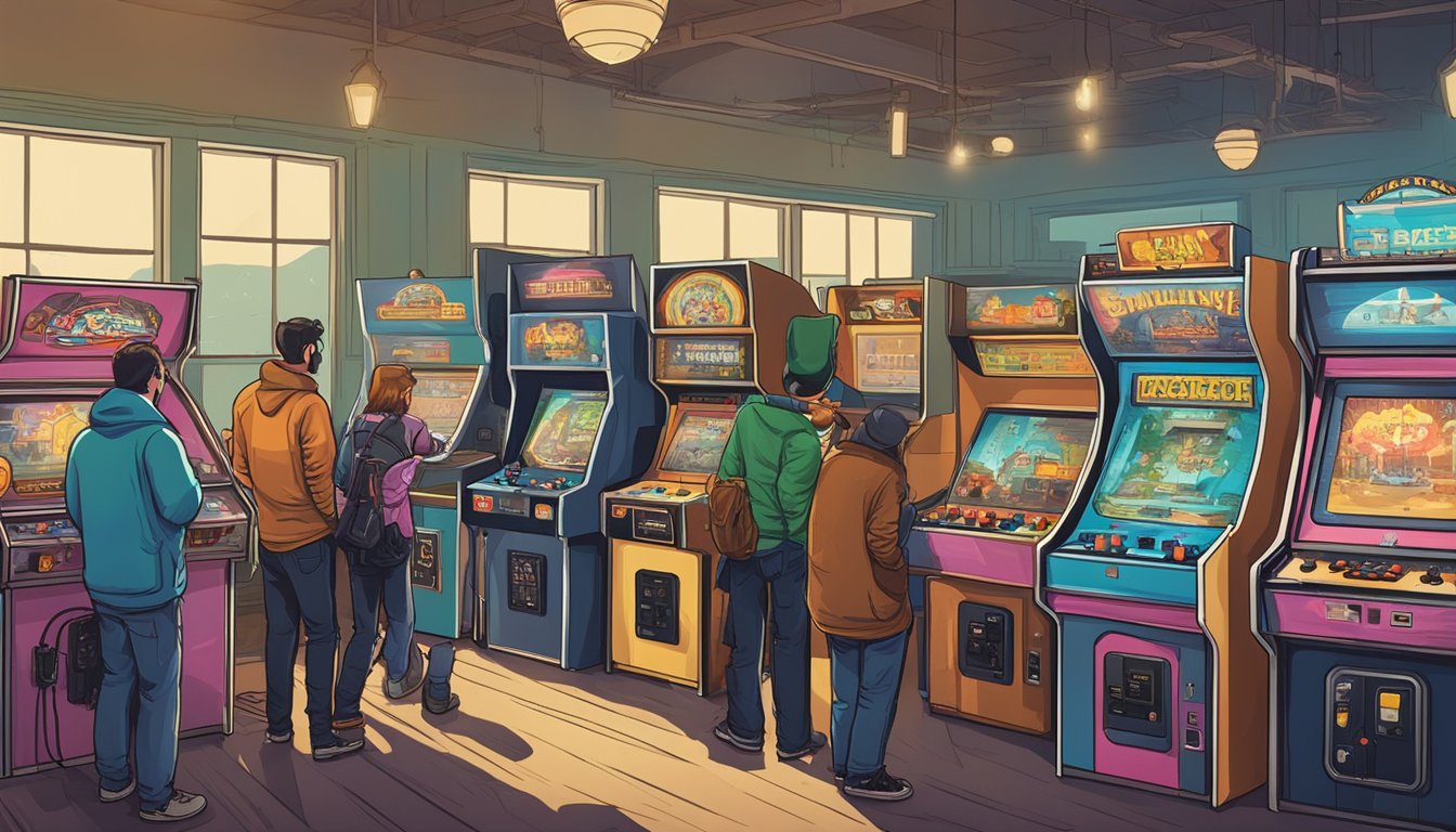 A group of retro gamers gather around vintage arcade machines in Chattanooga, Tennessee, immersed in the best game processing