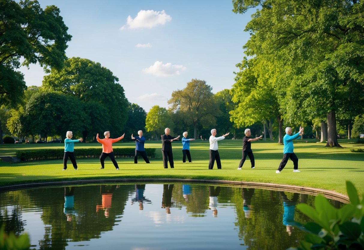 A serene park setting with a peaceful pond, surrounded by lush greenery and a clear sky, where a group of individuals practice Tai Chi in harmony