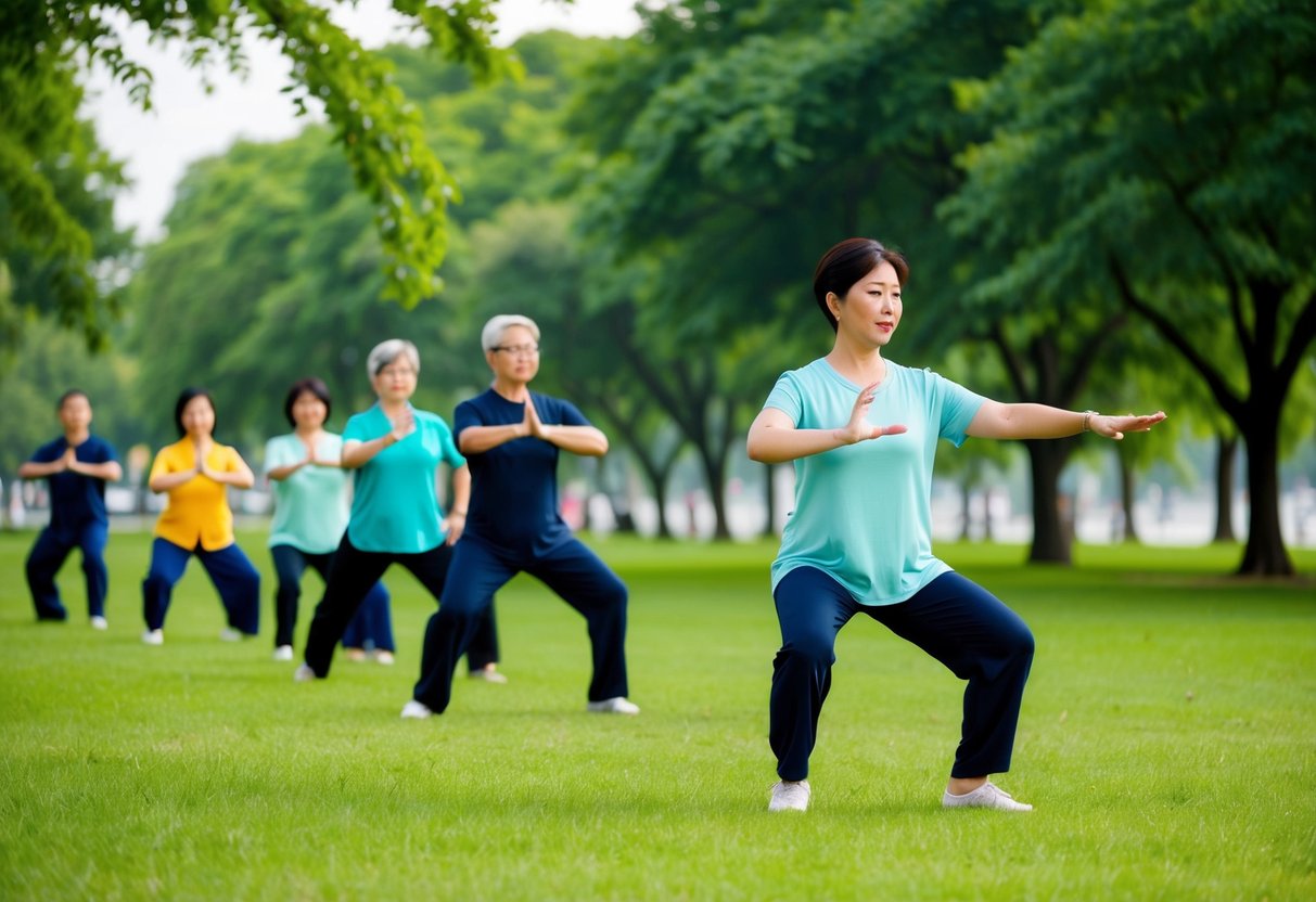 A serene park setting with a group of people practicing Tai Chi, surrounded by lush greenery and a peaceful atmosphere