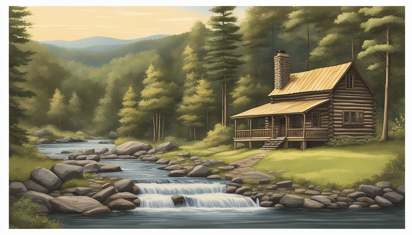 A rustic log cabin nestled in the Pennsylvania wilderness, surrounded by tall trees and a serene, babbling stream. A sign proudly displays "Huntingdon County Game Processing."