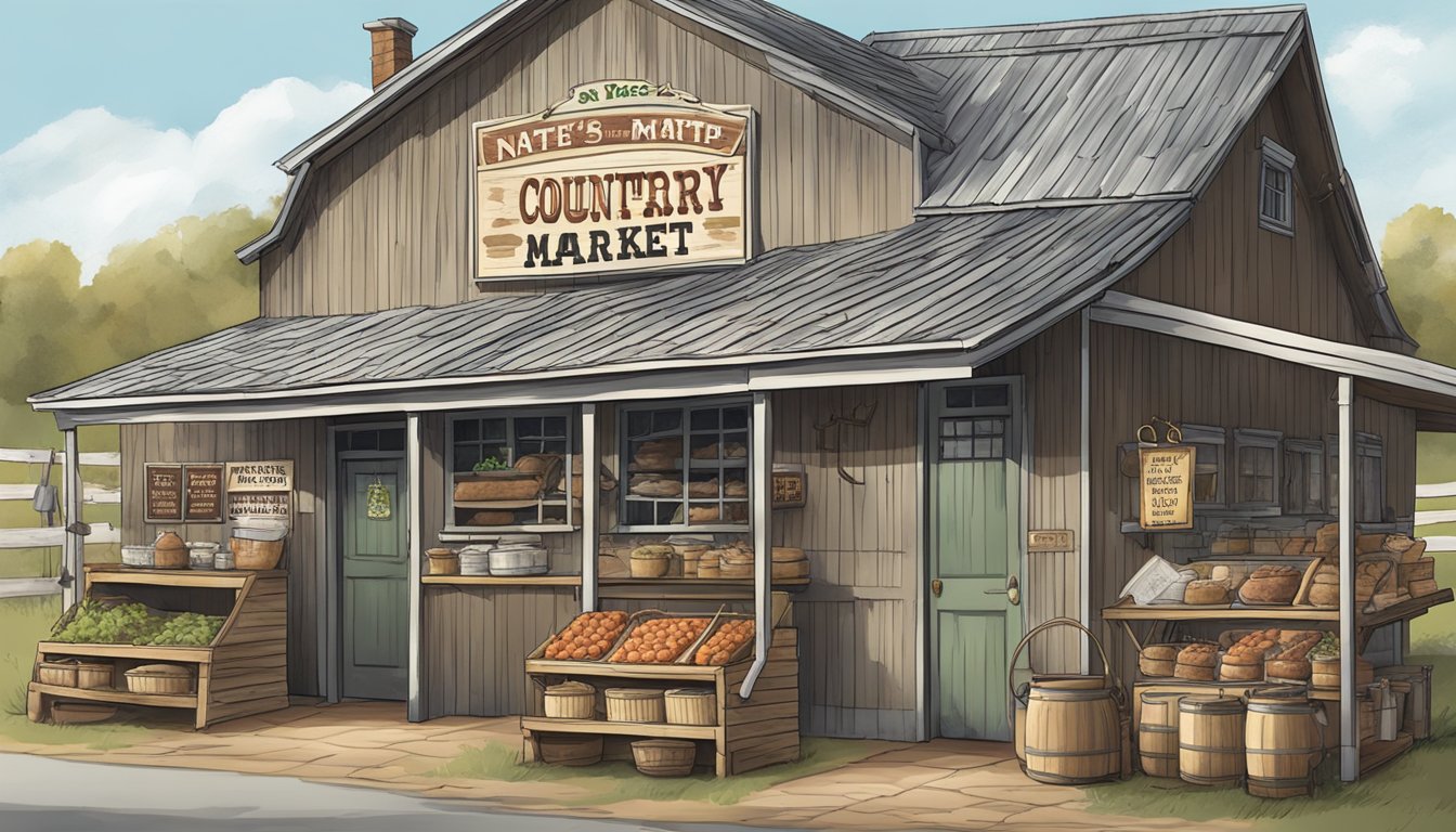 A rustic butcher shop with hanging game and a sign for "Nate's Country Market & Meats" in rural Pennsylvania