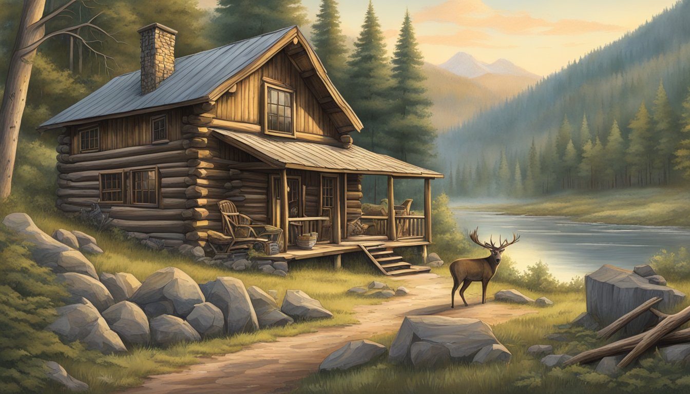 A rustic log cabin nestled in a wooded valley, surrounded by hunting trophies and a sign reading "Bucks Valley Game Processing."