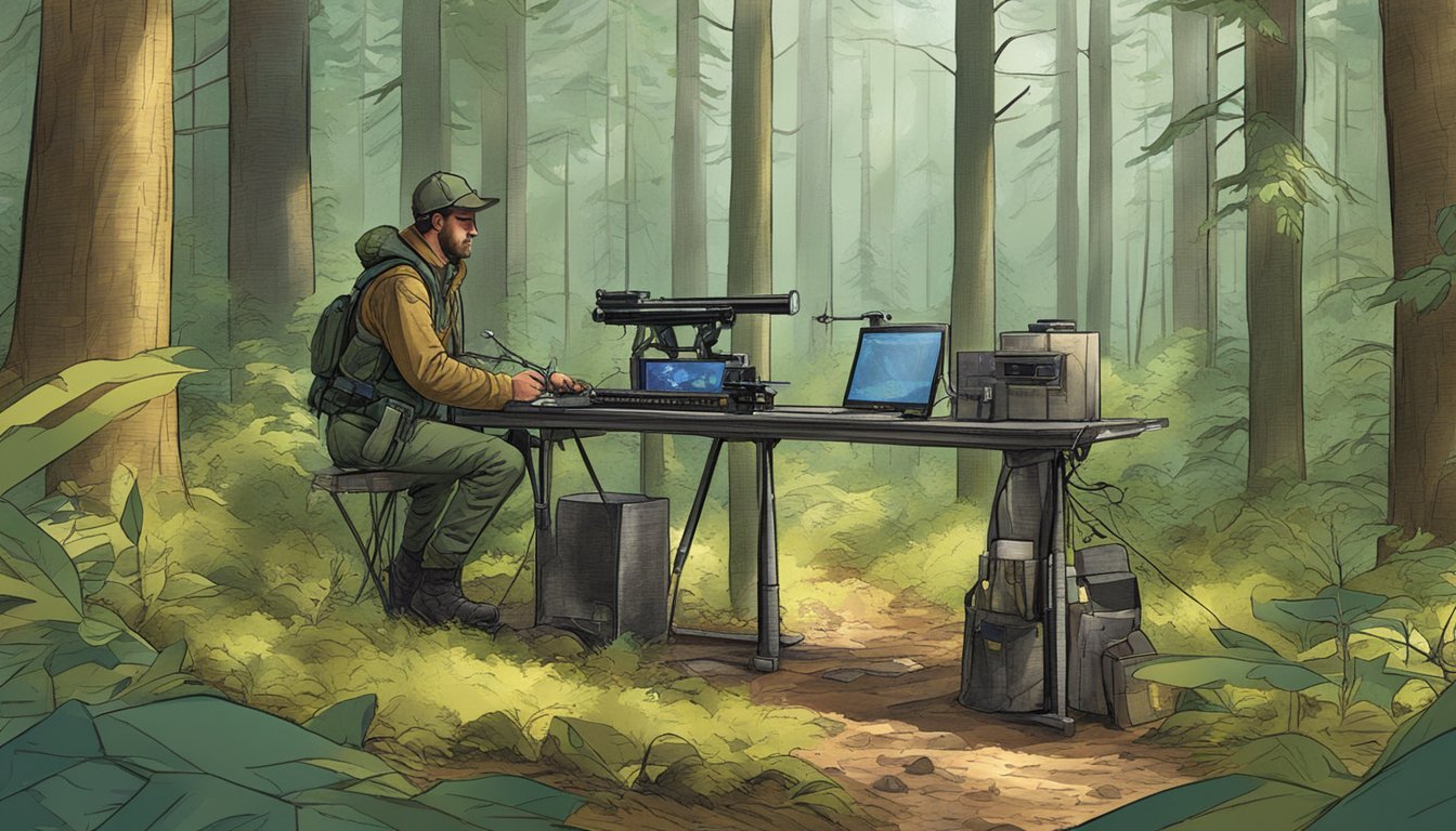 A hunter using a high-tech game processing station in a Tennessee forest