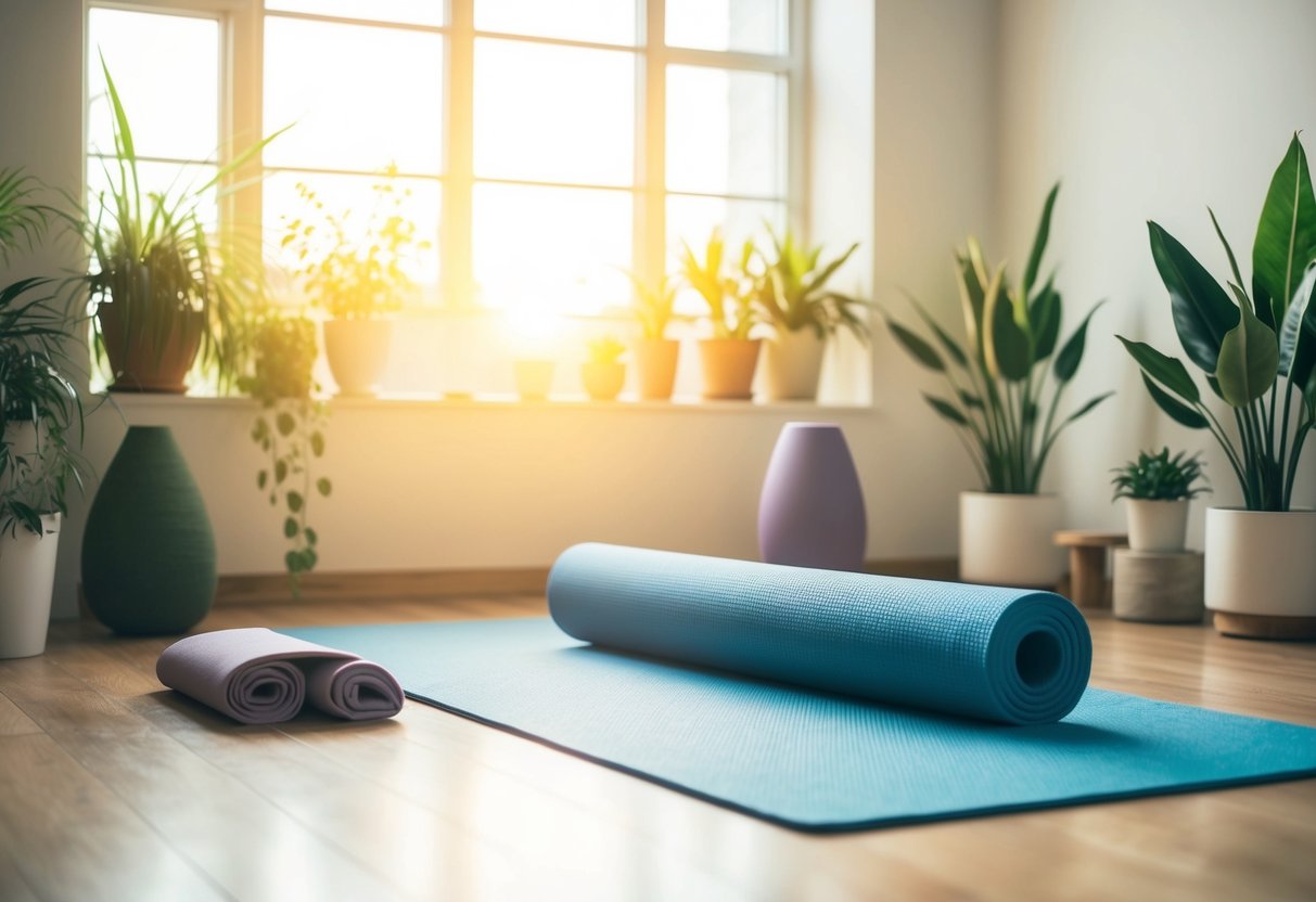 A serene, sunlit room with a yoga mat and props, surrounded by plants and soft, calming colors