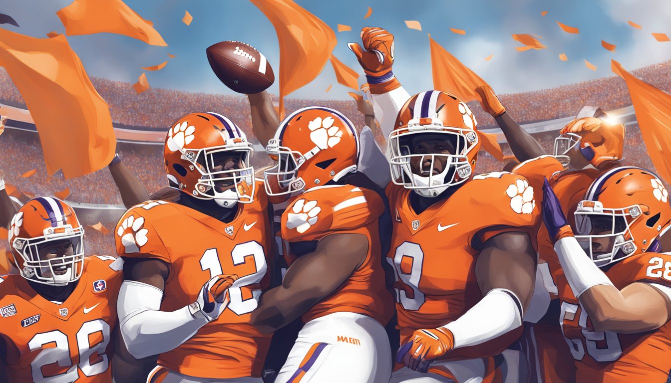 The Clemson Tigers football team celebrating a victory over South Carolina, with cheering fans and players raising their helmets in triumph