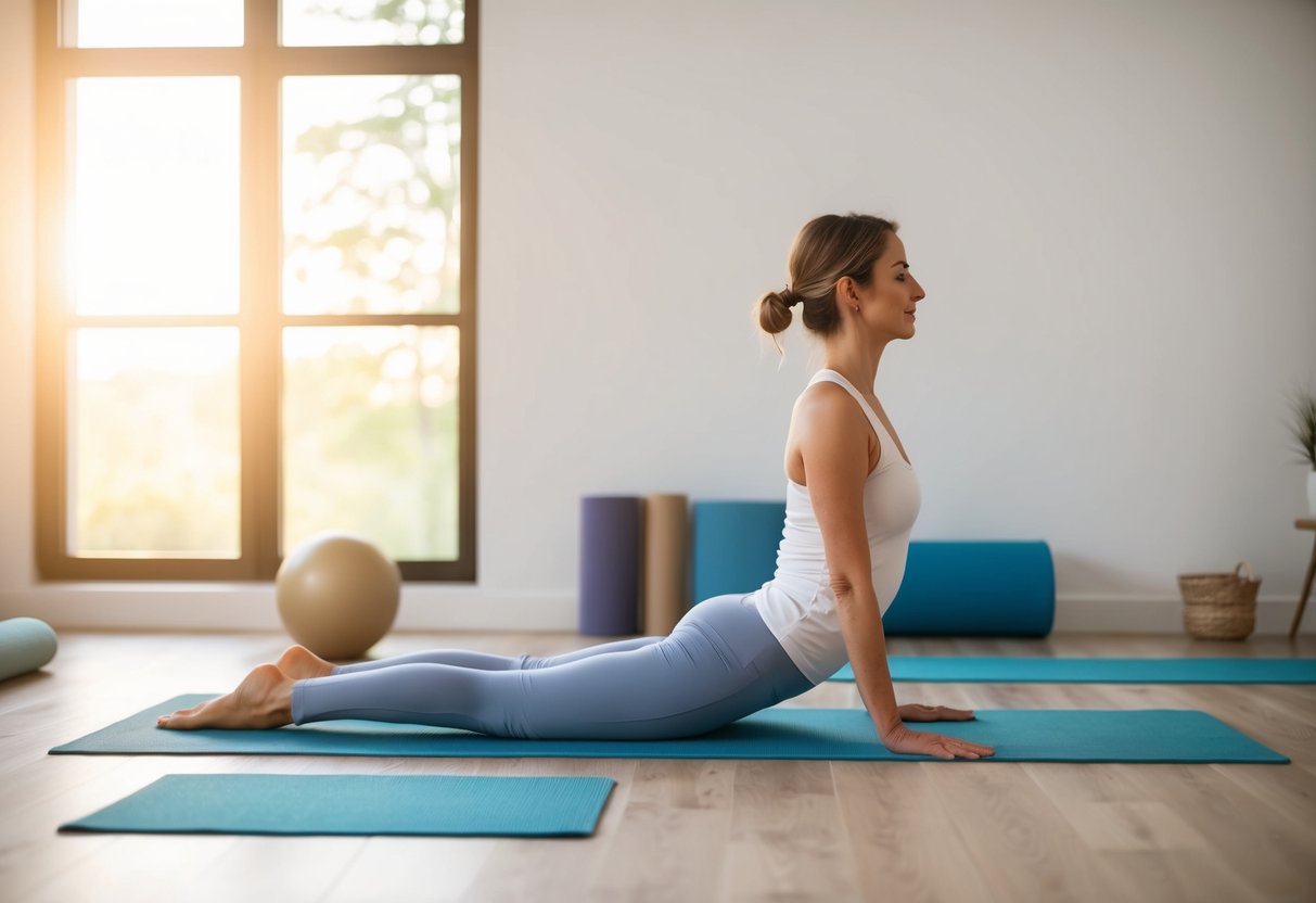 A serene yoga studio with props and mats, showing a person practicing gentle yoga poses to ease joint pain caused by osteoarthritis