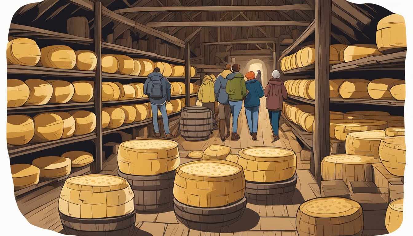 A group of visitors explores the dimly lit cheese caves at Shelburne Farms, surrounded by rows of aging cheese wheels and the earthy smell of fermentation