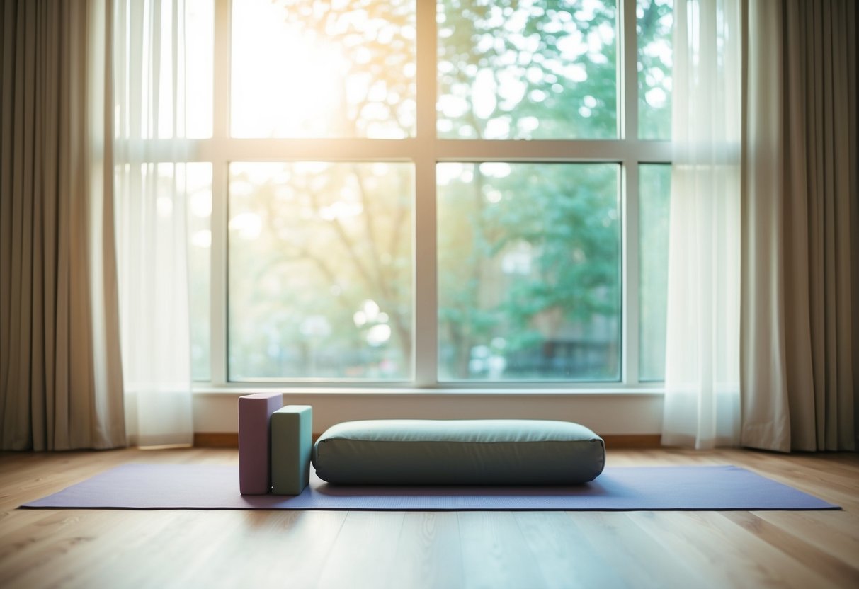 A serene room with a yoga mat, blocks, and a bolster. Soft natural light filters in through large windows, creating a peaceful atmosphere for practicing yoga