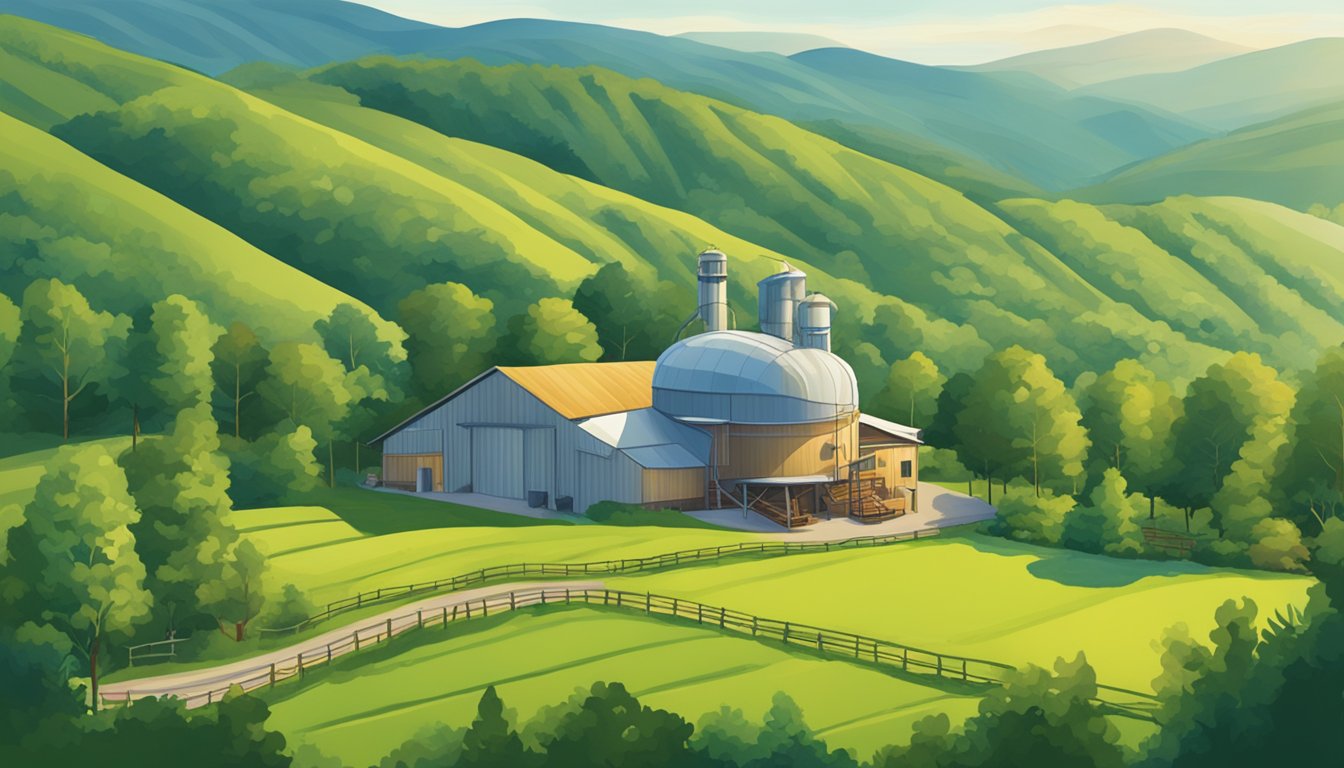 A picturesque mountain landscape with a coffee roasting facility nestled among the green hills of Vermont