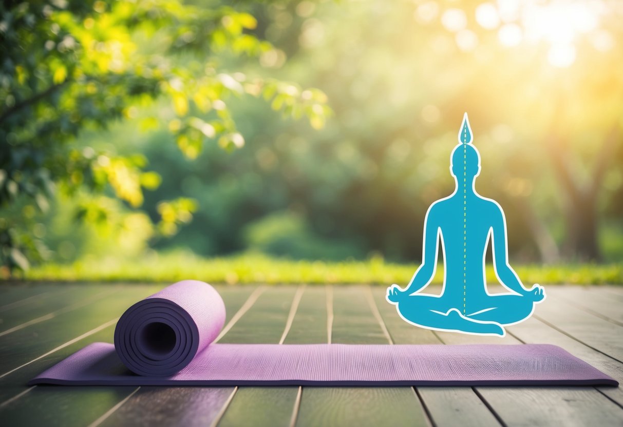 A serene setting with a yoga mat on the floor, surrounded by peaceful nature. An illustrated figure demonstrates gentle yoga poses for osteoarthritis relief