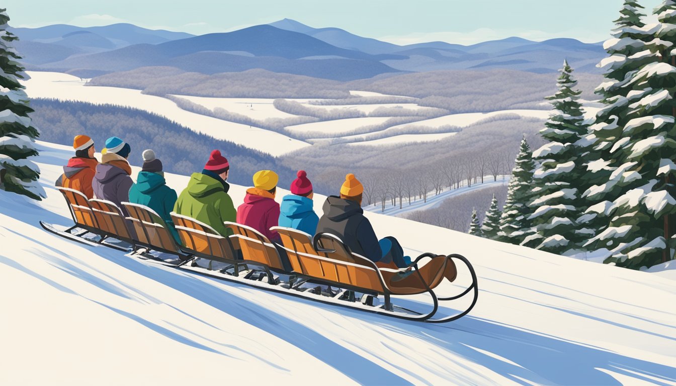 A group of people sled down a snowy hill at Trapp Family Lodge in Vermont, with trees and mountains in the background