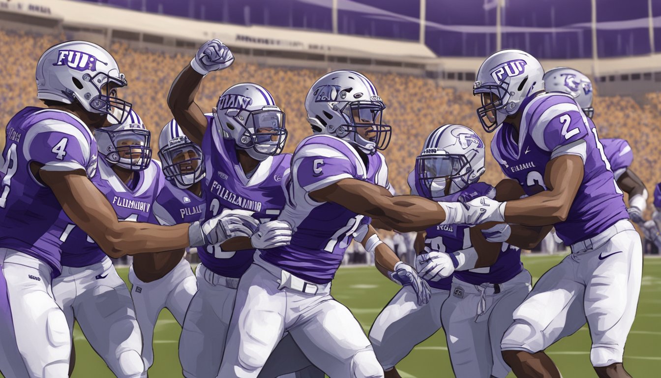 The Furman Paladins celebrating a victory over South Carolina