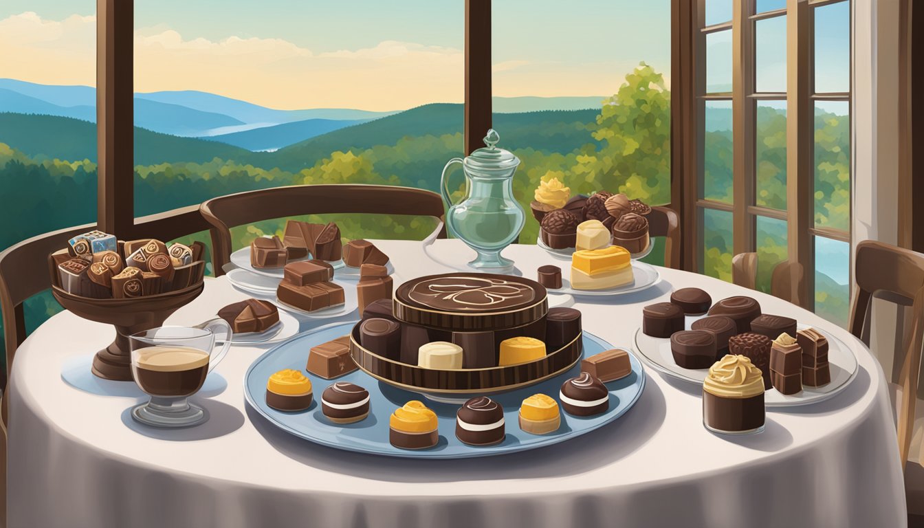 A table set with various chocolates, surrounded by Vermont scenery