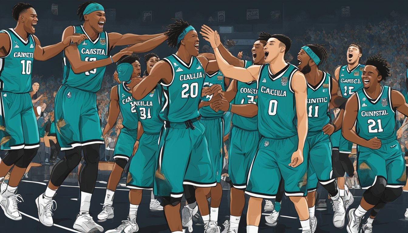 The Coastal Carolina Chanticleers celebrating a victory over South Carolina in a basketball game