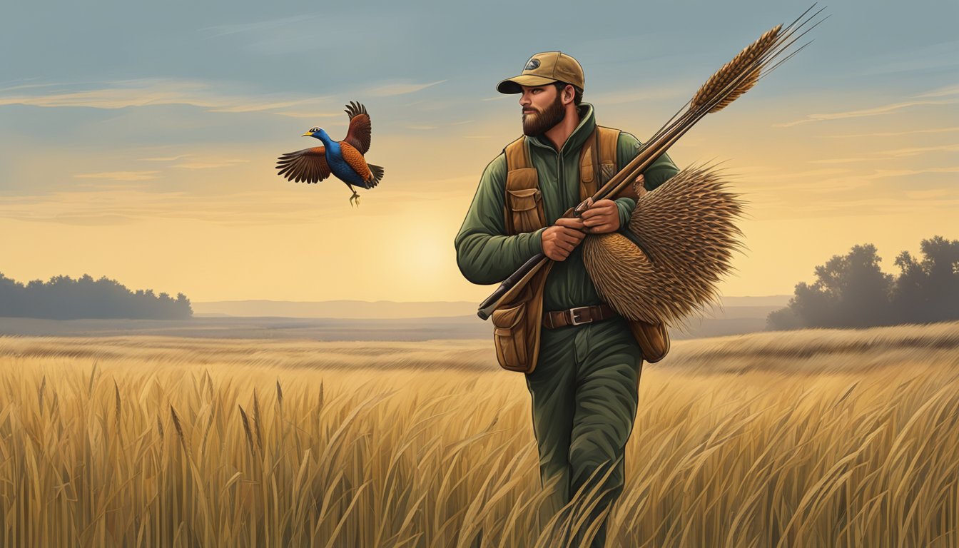 A hunter carrying a pheasant over a field of tall grass in South Dakota