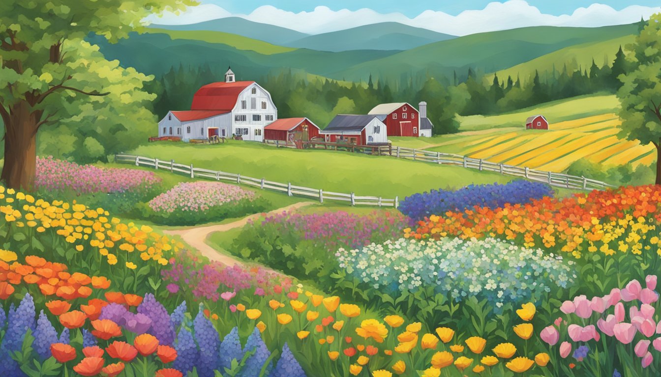 A bustling Vermont wildflower farm with a sign for "best game processing" nestled among fields of colorful blooms