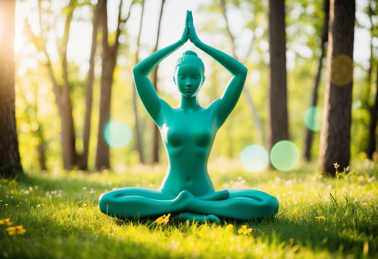 A serene setting with a personified tree in a yoga pose, surrounded by calming nature and gentle sunlight streaming through the trees