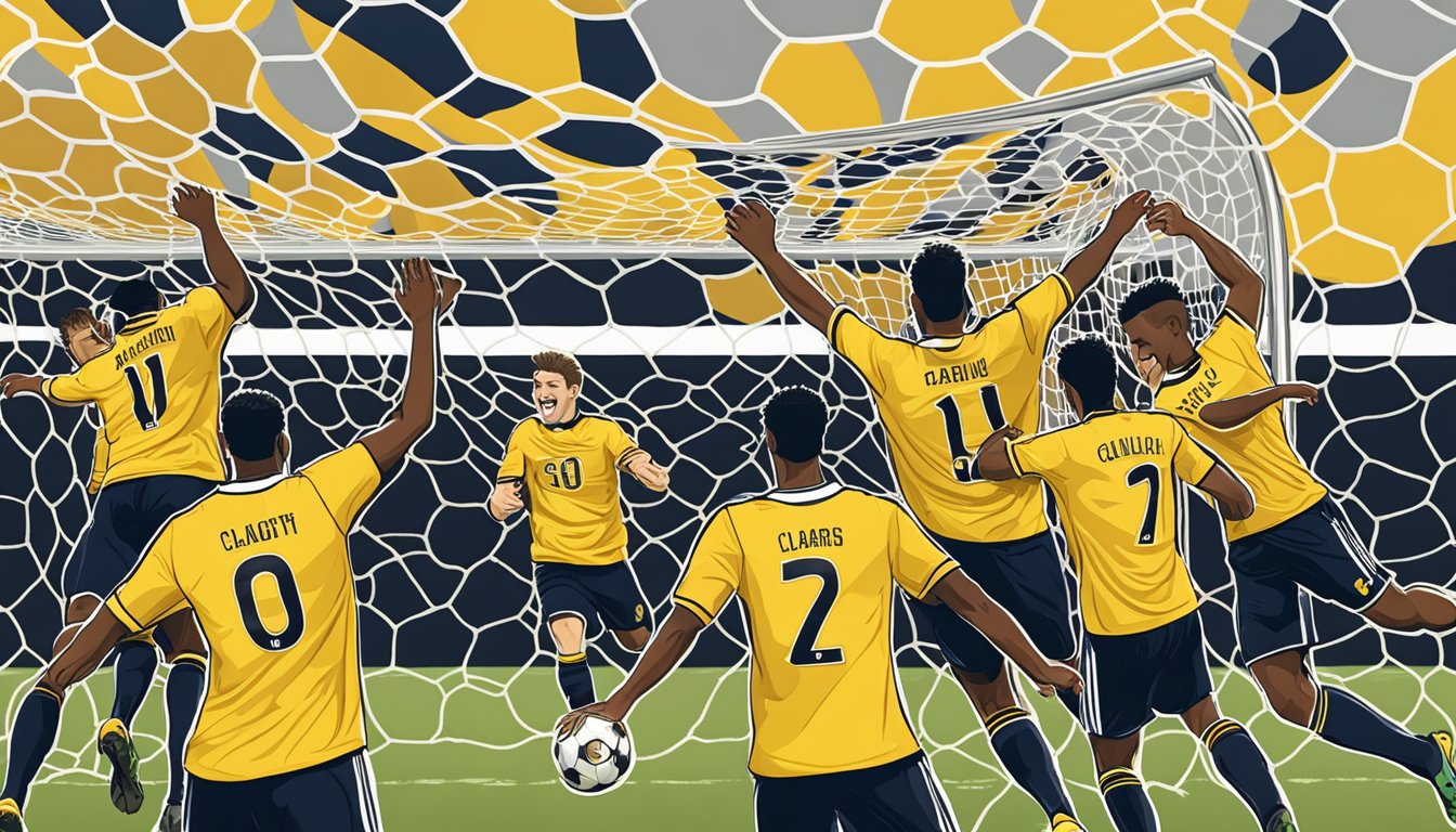 A soccer ball flies into the net as the Charleston Battery team celebrates their victory on the field in South Carolina