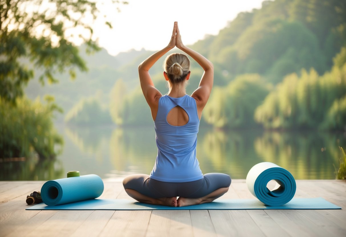 A serene setting with a yoga mat and props, showcasing various poses to alleviate osteoarthritis pain