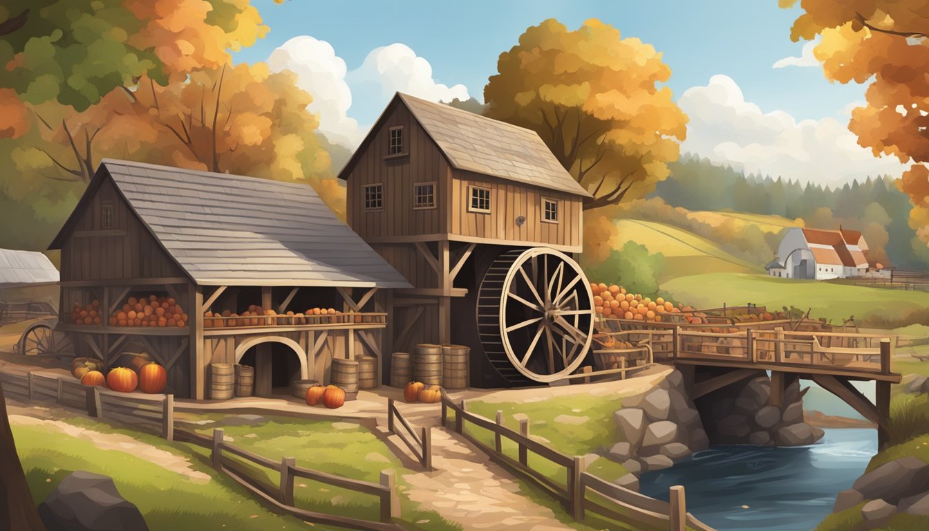 A rustic cider mill with apple orchards, a water wheel, and a bustling game processing area