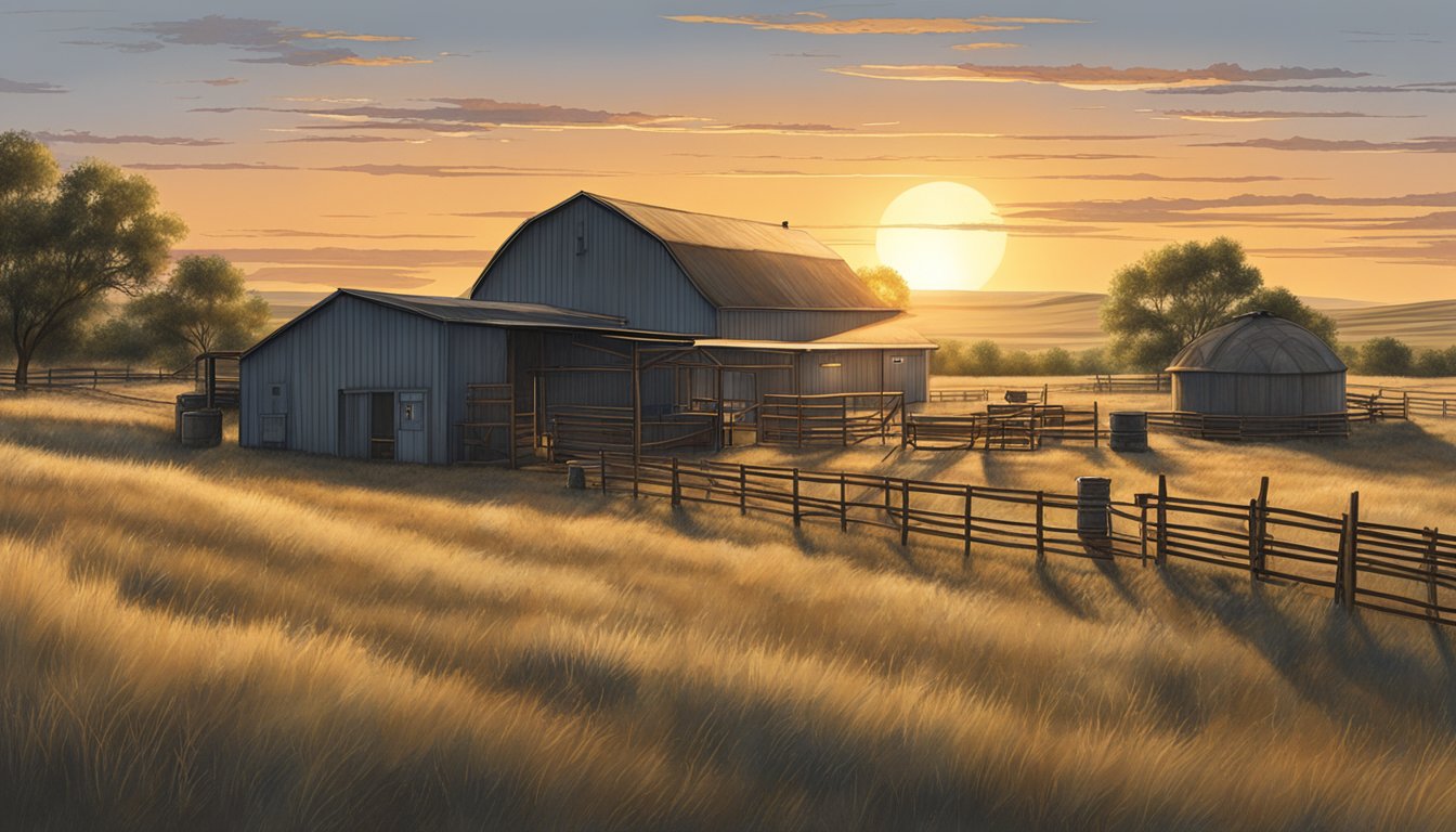 The sun sets over Buffalo Butte Ranch, with a rustic game processing facility in the South Dakota countryside