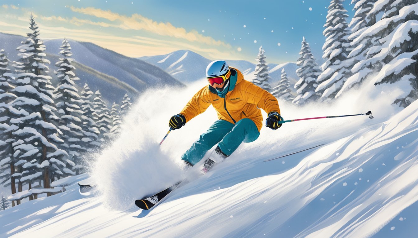 A skier carving through fresh powder at Smugglers' Notch Ski Resort, surrounded by snow-covered trees and the rugged mountains of Vermont