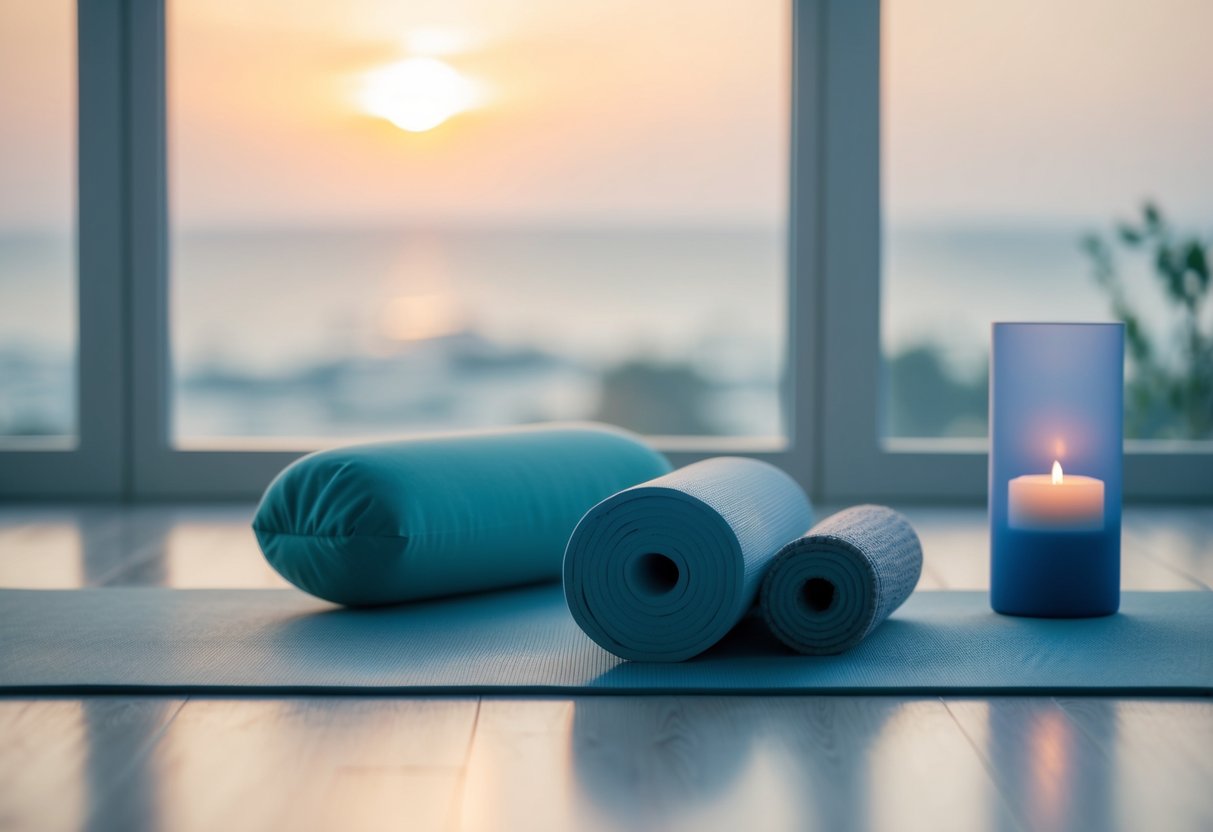 A serene setting with a yoga mat, bolster, and props arranged for a restorative practice. Soft lighting and calming colors create a peaceful atmosphere for self-care and recovery