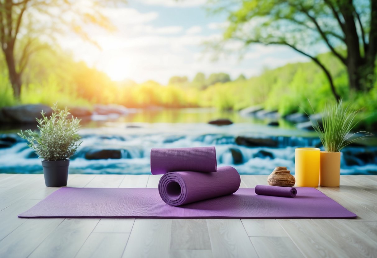 A serene studio setting with a yoga mat and props, surrounded by peaceful nature elements like trees and flowing water