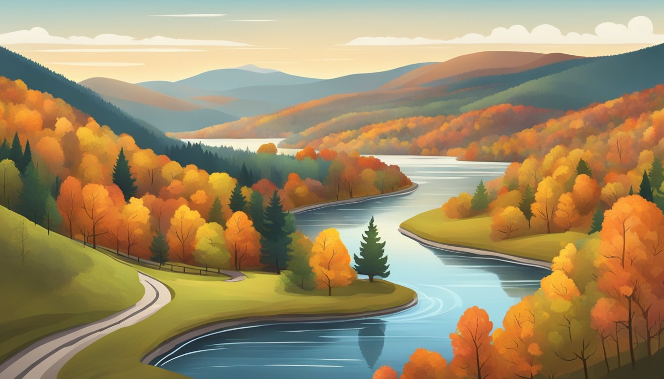 A serene Vermont landscape with rolling hills, a winding river, and a colorful autumn forest