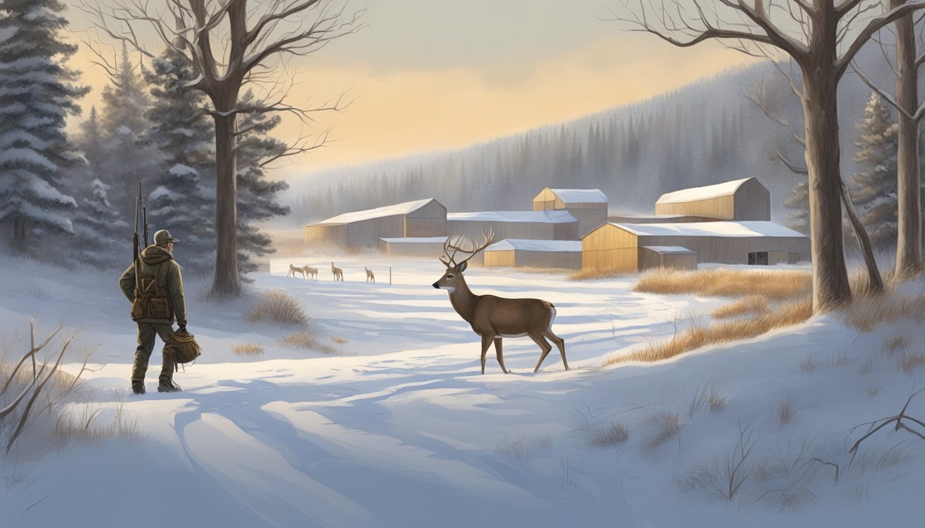 A hunter carrying a freshly harvested deer through a snowy South Dakota landscape towards a rustic game processing facility