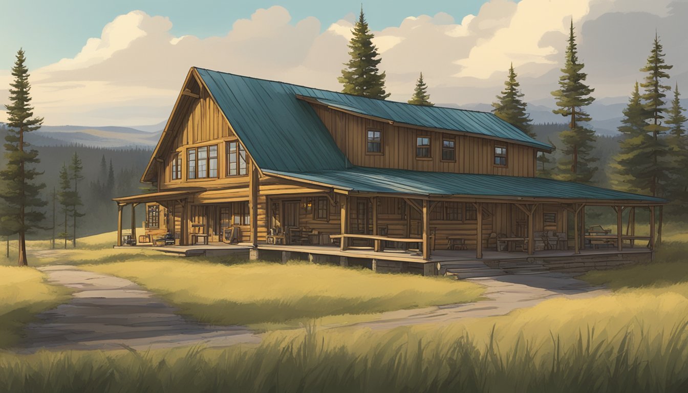 A rustic lodge surrounded by rolling hills and forests, with a sign reading "High Prairie Lodge & Outfitters" and a processing facility nearby