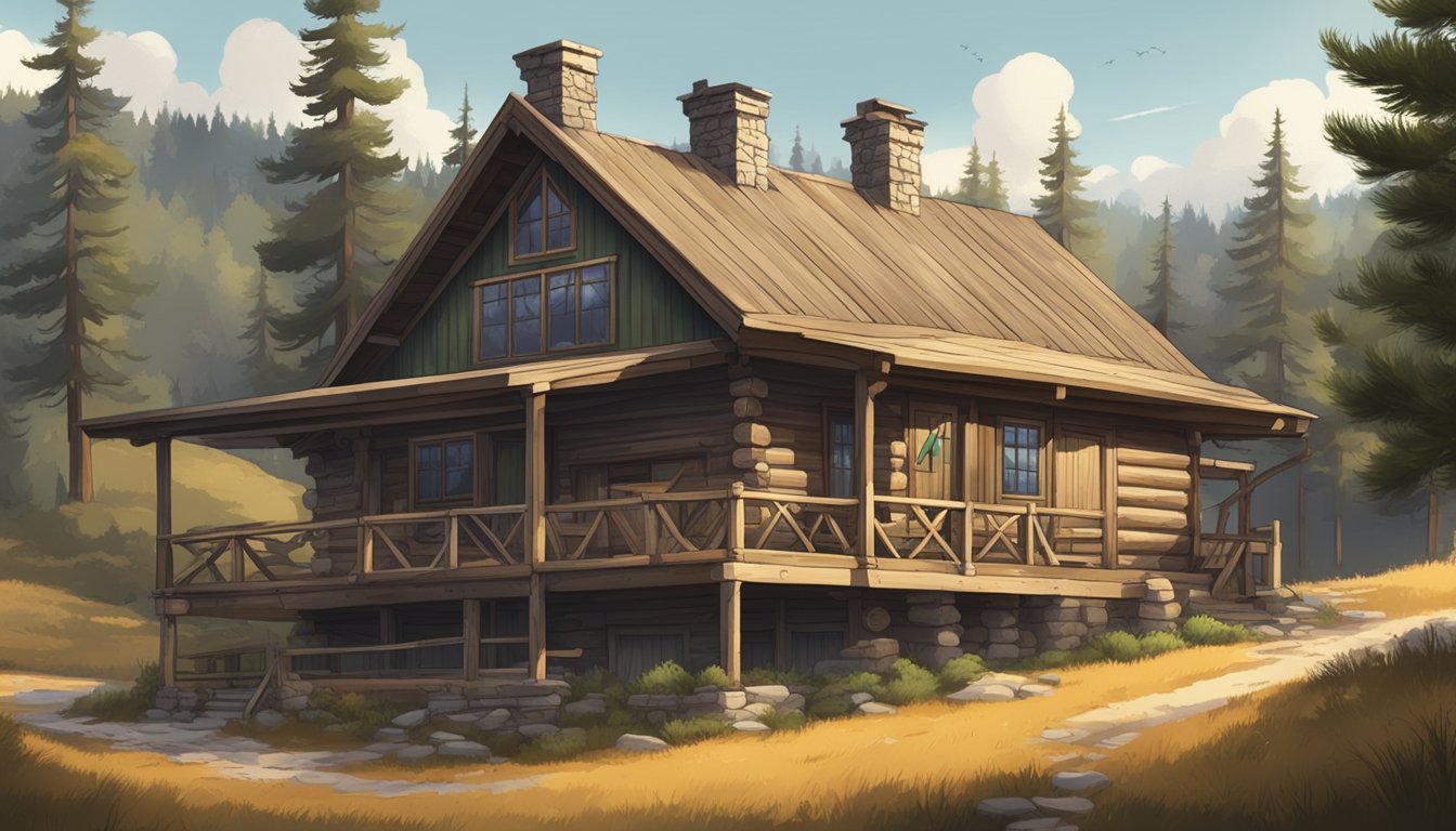 A rustic hunting lodge surrounded by rolling hills and pine trees, with a sign advertising game processing services