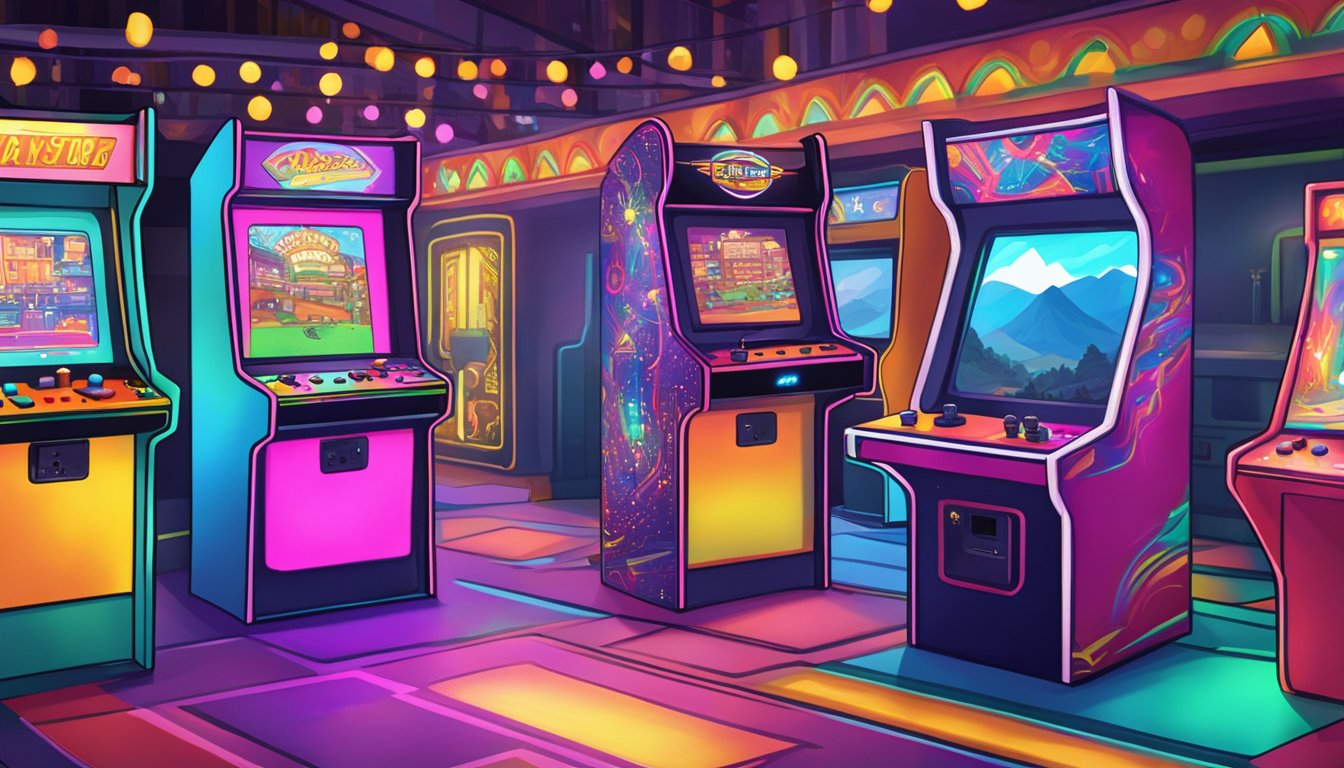 A vibrant arcade with game consoles and colorful lights, set against a backdrop of West Virginia's scenic mountains