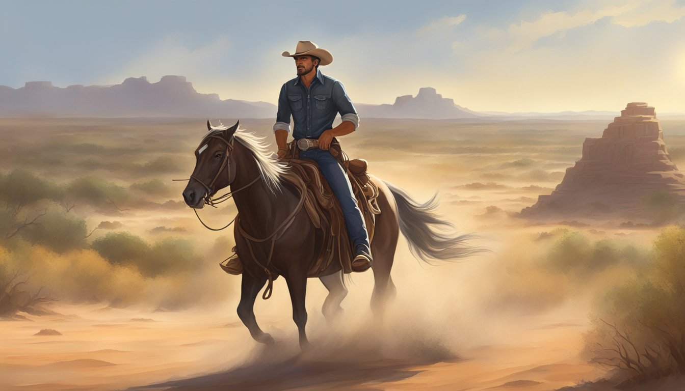 A lone cowboy riding through a dusty, sun-drenched Texas landscape