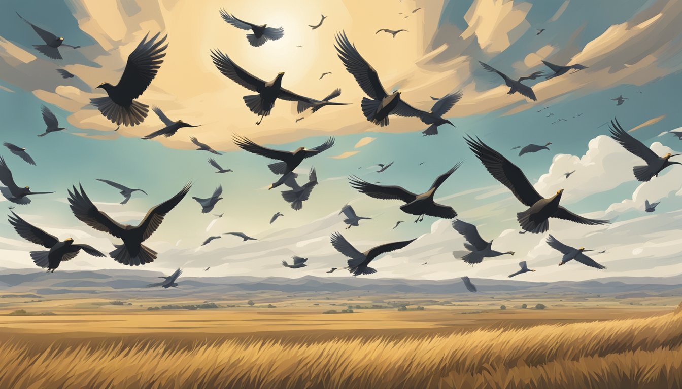 A flock of birds soar over the flatlands of South Dakota, hunting for the best game to process