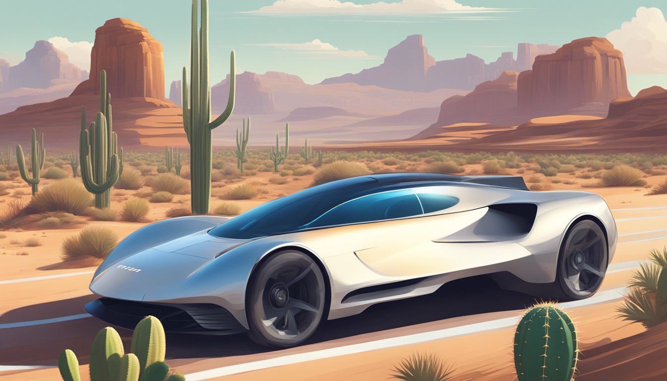 A sleek, futuristic racing car speeds through the rugged Texas desert landscape, with cacti and mesas in the background