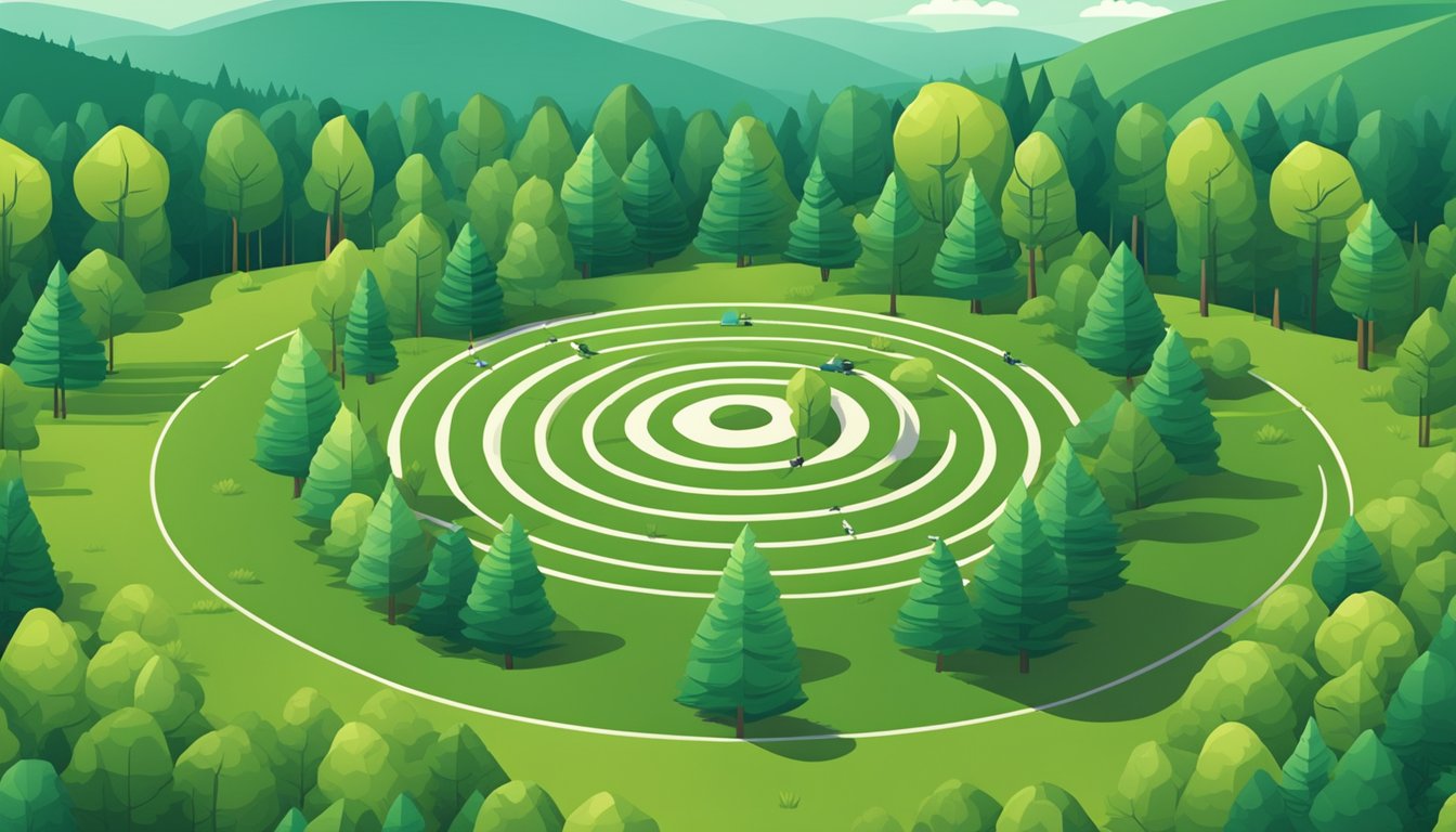 A target set up in a lush forest clearing, surrounded by tall trees and rolling hills, with arrows sticking out in a perfect pattern