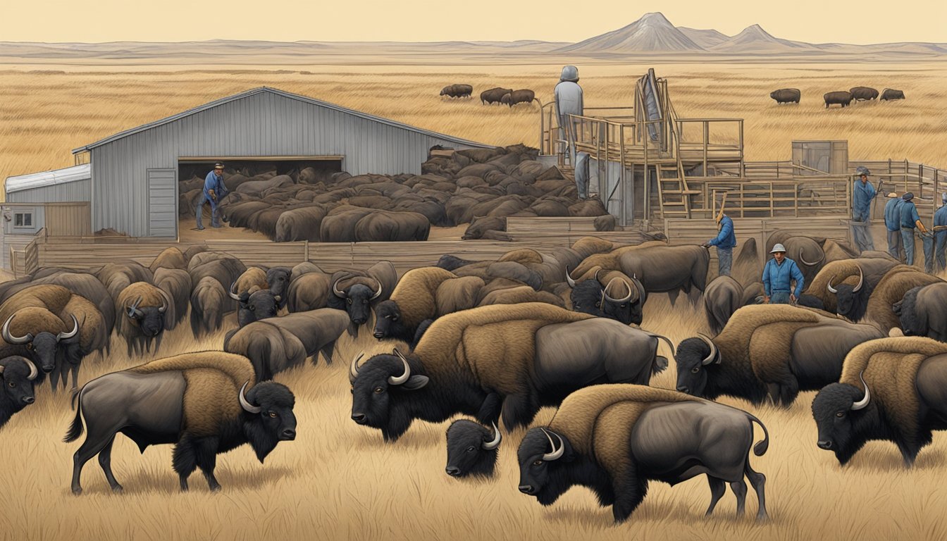 A group of buffalo being processed at a South Dakota hunting facility