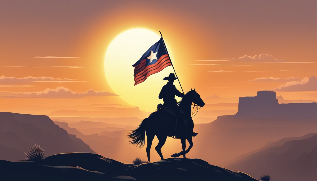 A lone star flag flying high over a rugged landscape, with a blazing sun setting behind the iconic silhouette of a cowboy on horseback