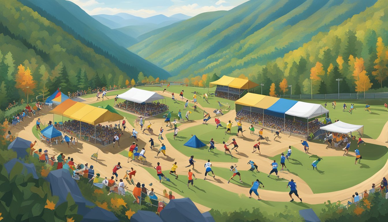 Athletes competing in various outdoor games amidst scenic West Virginia mountains