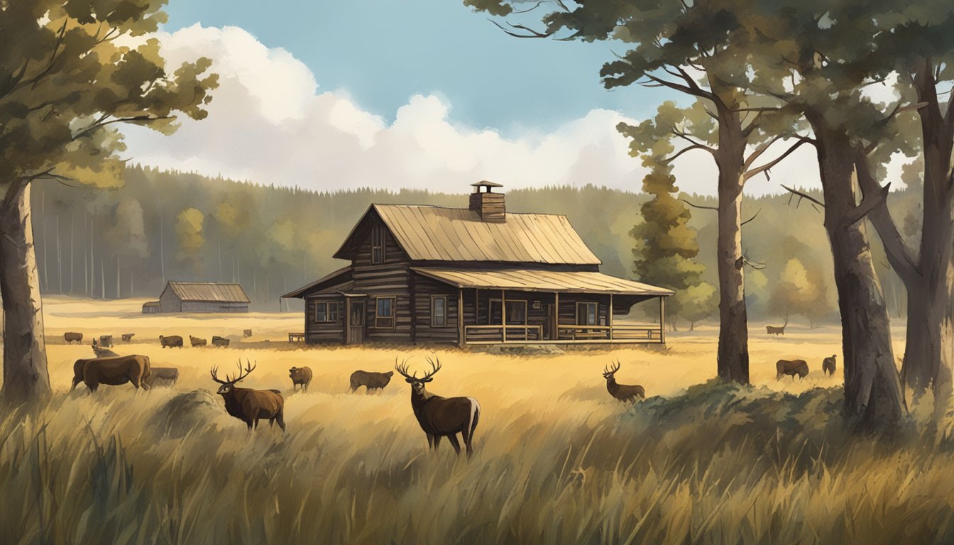 A rustic hunting lodge with a sign reading "Best Game Processing in South Dakota" surrounded by fields and forests