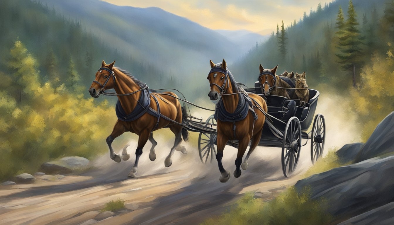 A horse-drawn carriage races through the rugged West Virginia wilderness, pursued by a pack of wolves